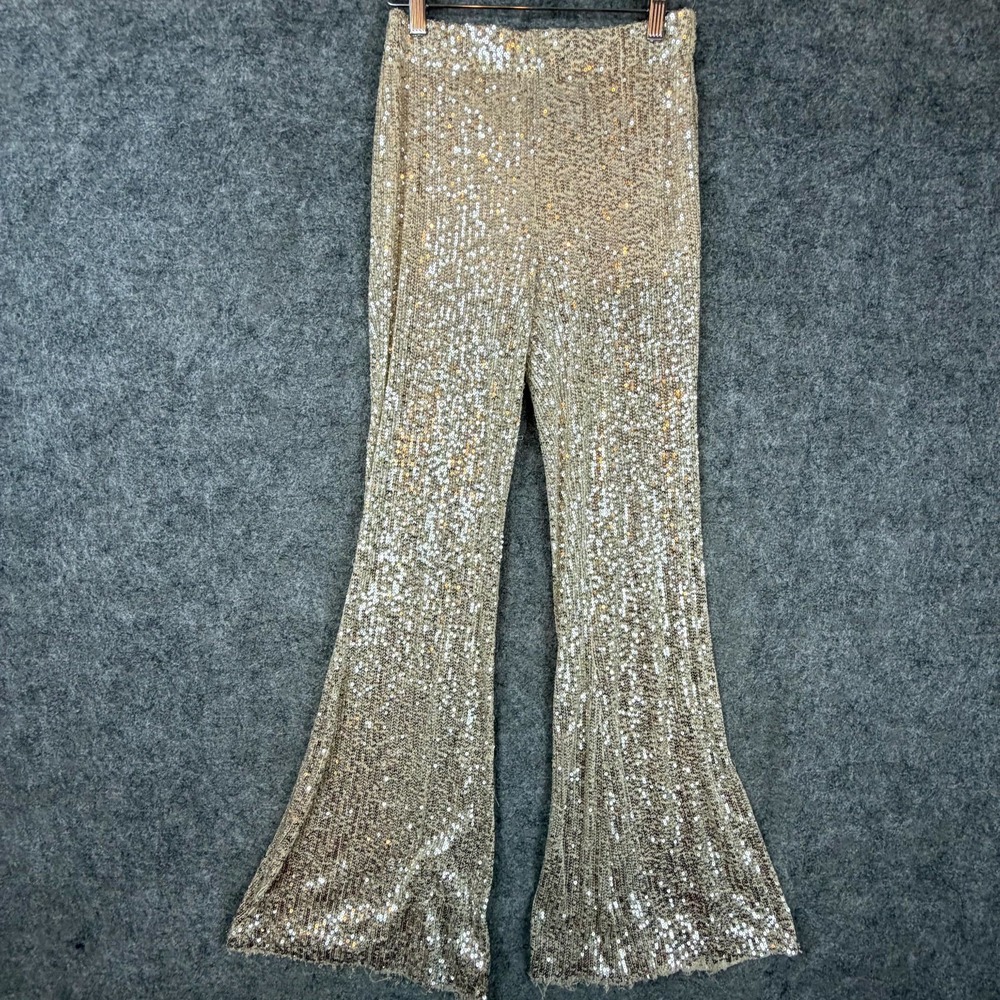 Forever 21 Flare Pants Womens Small Gold Sequin Detail Raw Hem Pull On Party